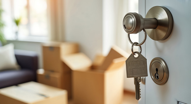 a smiling couple carrying cardboard boxes while moving into a new home with a staircase in the background capturing their excitement and readiness for new beginnings
